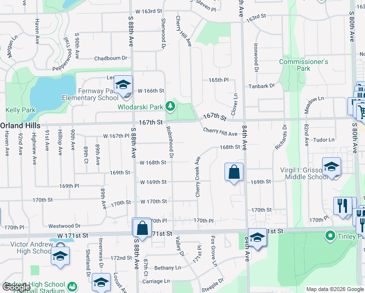 map of restaurants, bars, coffee shops, grocery stores, and more near 8611 West 167th Place in Orland Park
