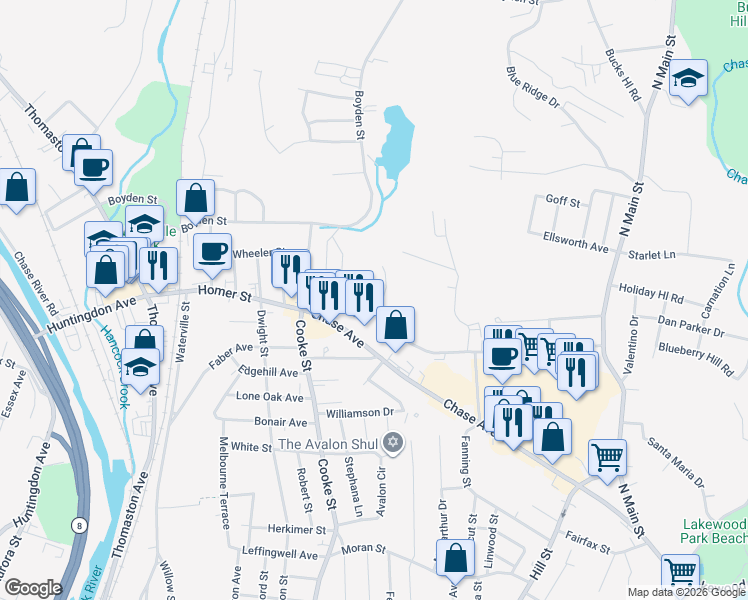 map of restaurants, bars, coffee shops, grocery stores, and more near 388 Perkins Avenue in Waterbury