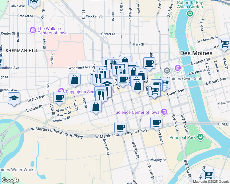 map of restaurants, bars, coffee shops, grocery stores, and more near 801 Walnut Street in Des Moines