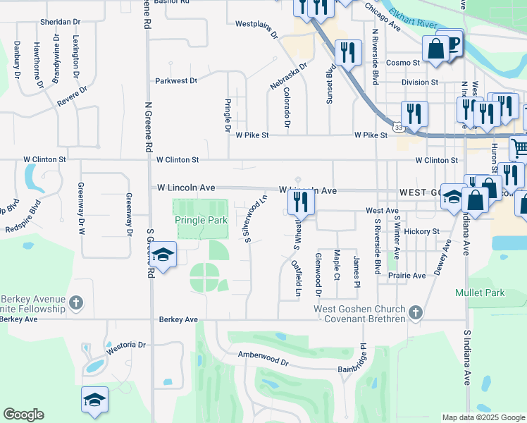 map of restaurants, bars, coffee shops, grocery stores, and more near 1738 West Lincoln Avenue in Goshen