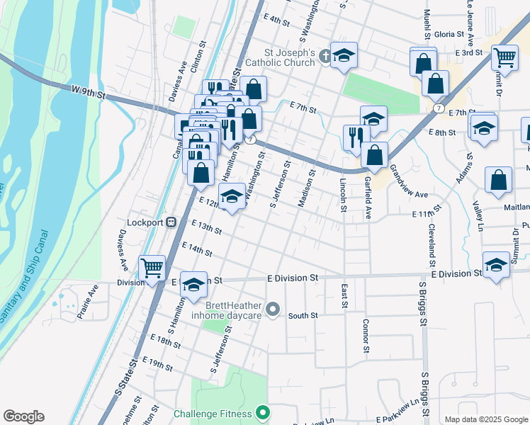 map of restaurants, bars, coffee shops, grocery stores, and more near 1119 South Jefferson Street in Lockport