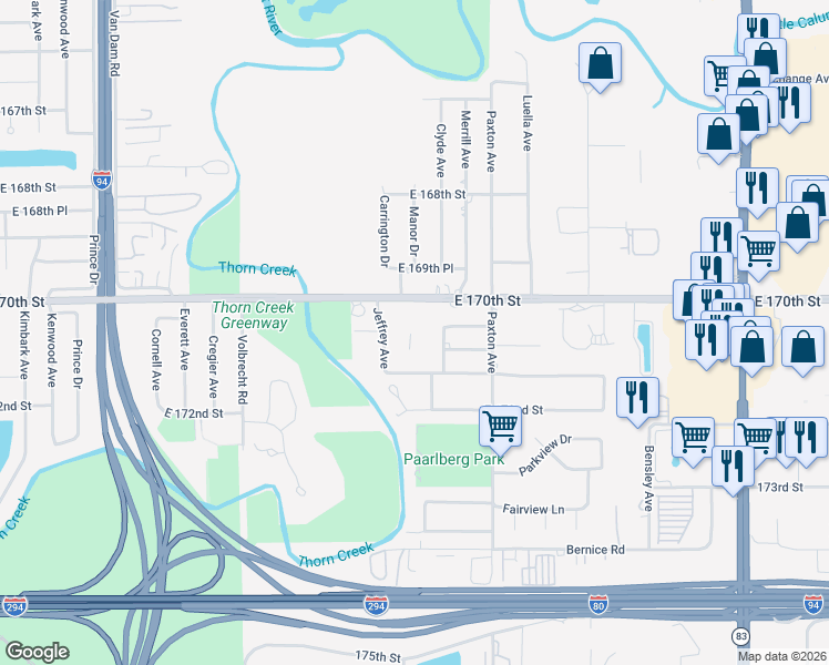map of restaurants, bars, coffee shops, grocery stores, and more near 1875 East 170th Street in South Holland