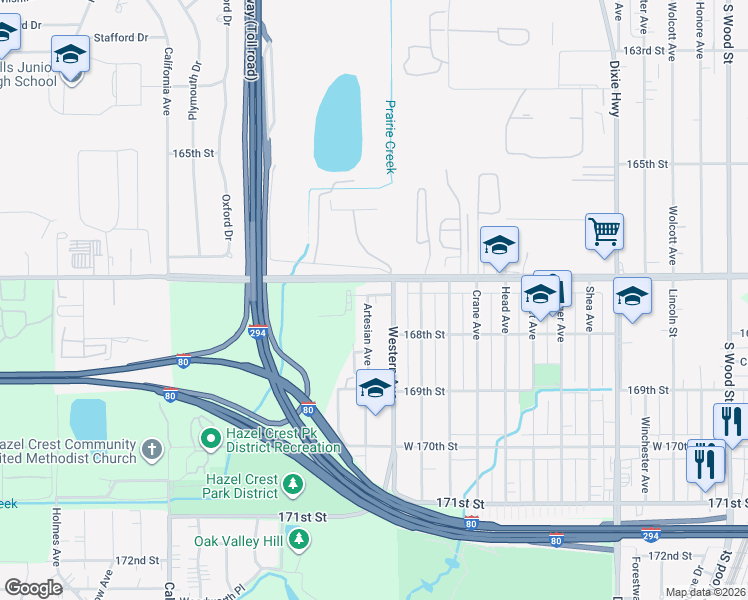 map of restaurants, bars, coffee shops, grocery stores, and more near 2407 Crescent Drive in Hazel Crest