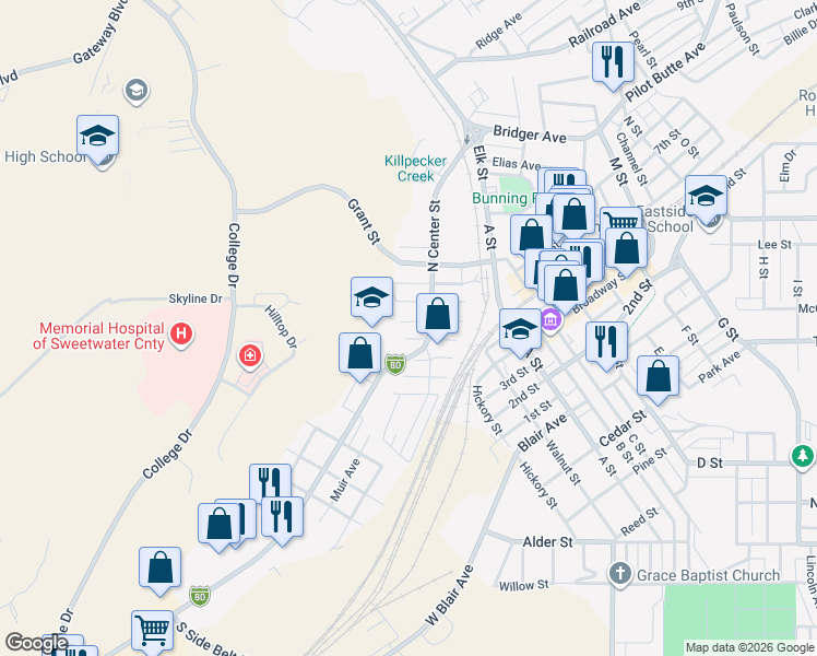 map of restaurants, bars, coffee shops, grocery stores, and more near 300-398 N Center St in Rock Springs