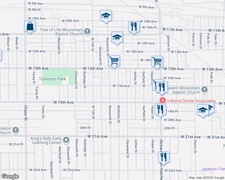 map of restaurants, bars, coffee shops, grocery stores, and more near 2100-2198 West 17th Avenue in Gary