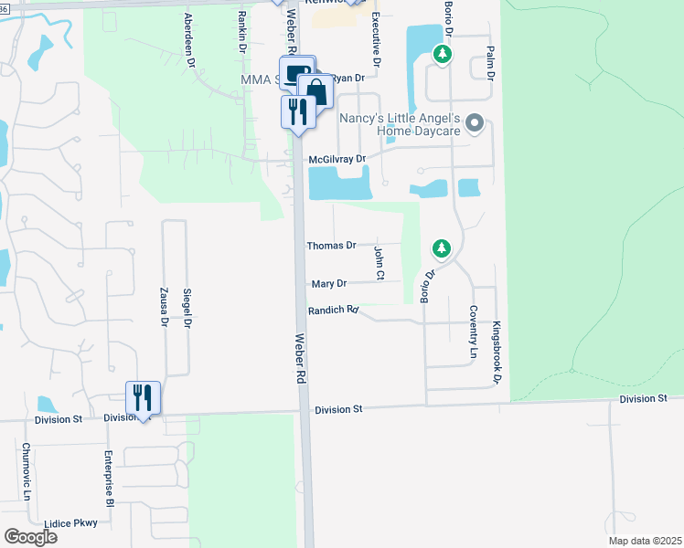 map of restaurants, bars, coffee shops, grocery stores, and more near 20715 Thomas Drive in Lockport