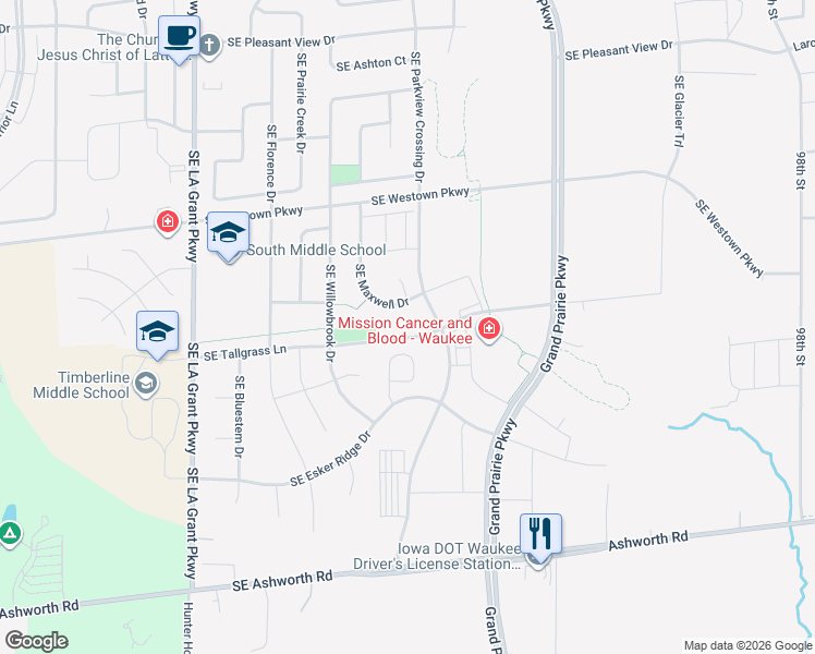 map of restaurants, bars, coffee shops, grocery stores, and more near 670 Southeast Maxwell Drive in Waukee