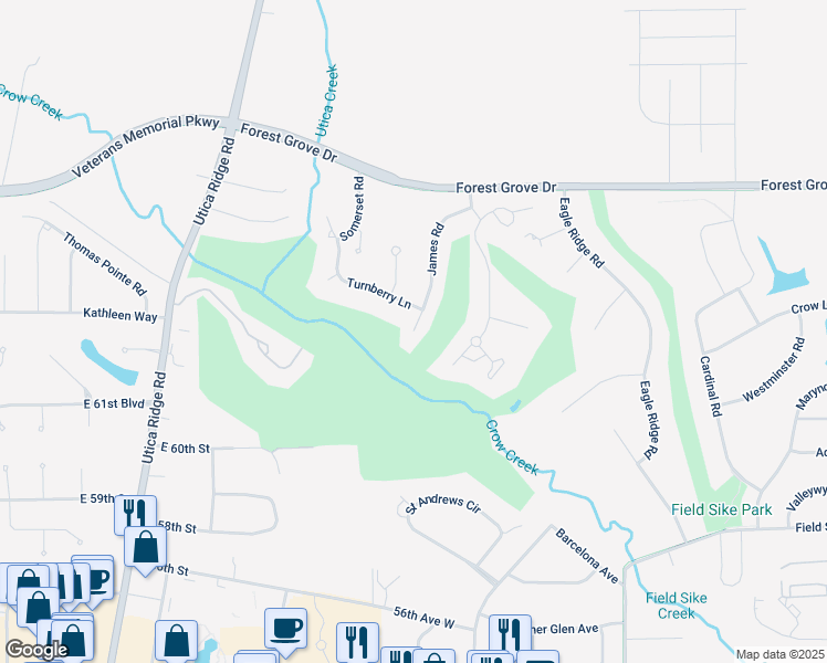 map of restaurants, bars, coffee shops, grocery stores, and more near 6201 James Road in Bettendorf