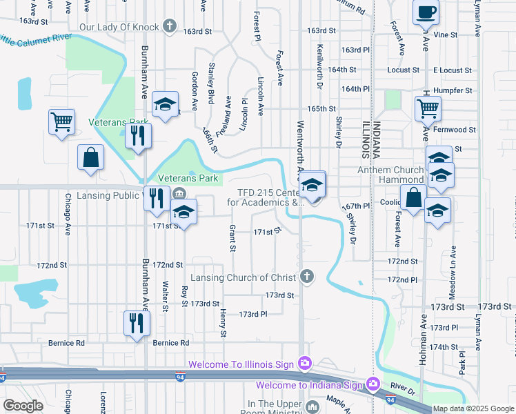 map of restaurants, bars, coffee shops, grocery stores, and more near 3461 East 170th Street in Lansing