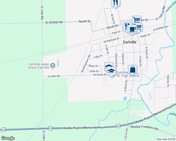 map of restaurants, bars, coffee shops, grocery stores, and more near Effie Drive in Earlville