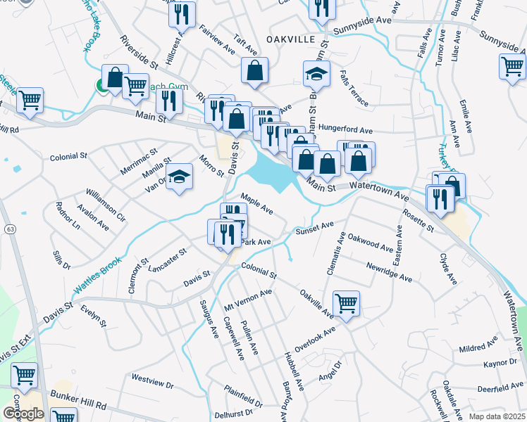 map of restaurants, bars, coffee shops, grocery stores, and more near 55 Maple Avenue in Watertown