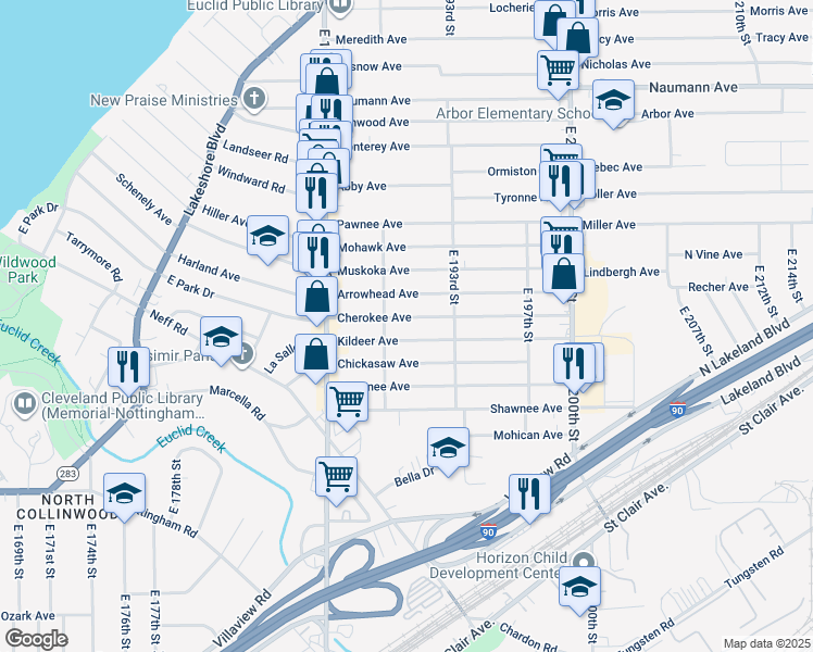 map of restaurants, bars, coffee shops, grocery stores, and more near 19011 Cherokee Avenue in Cleveland
