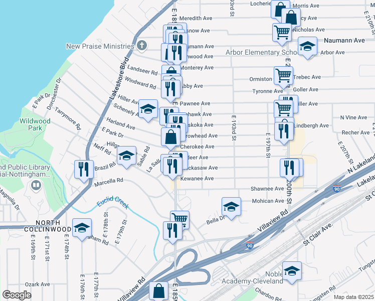 map of restaurants, bars, coffee shops, grocery stores, and more near 18519 Cherokee Avenue in Cleveland