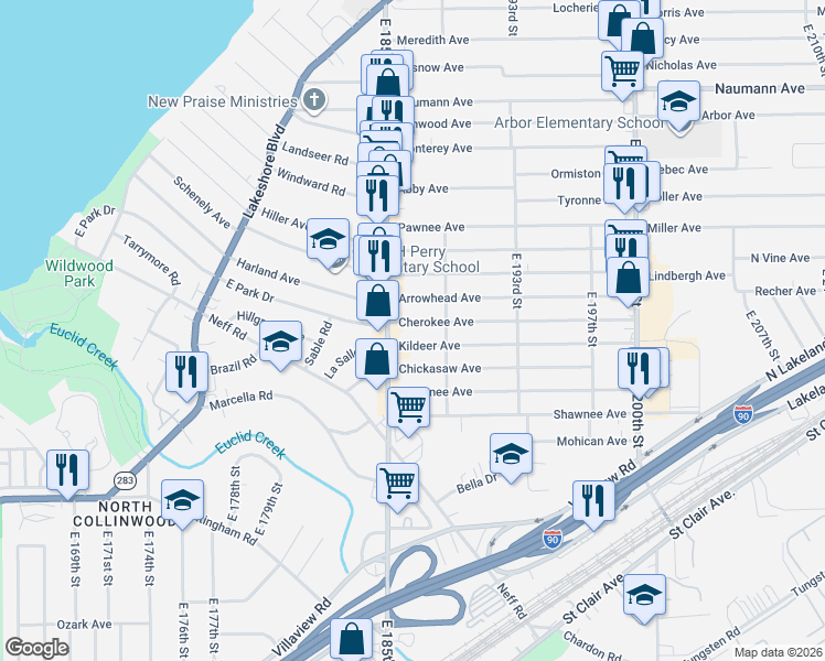 map of restaurants, bars, coffee shops, grocery stores, and more near 18519 Cherokee Avenue in Cleveland