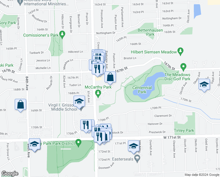 map of restaurants, bars, coffee shops, grocery stores, and more near 16736 Paxton Avenue in Tinley Park