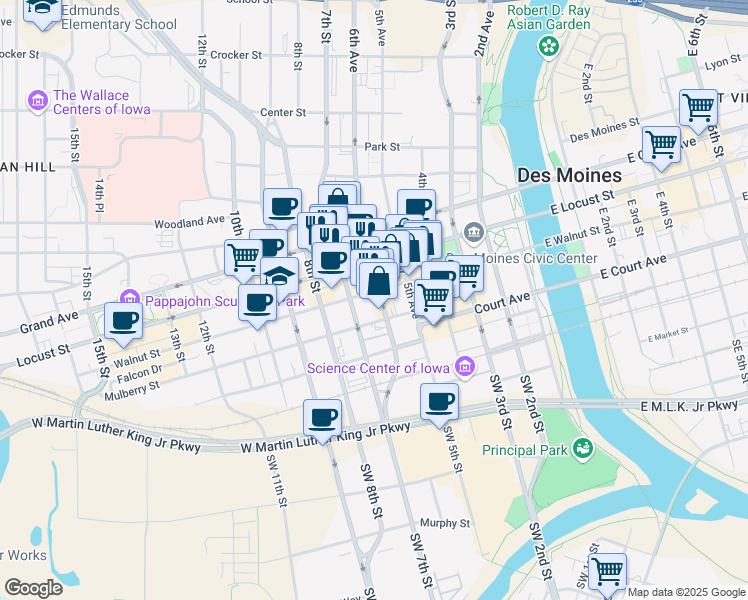map of restaurants, bars, coffee shops, grocery stores, and more near 699 Walnut Street in Des Moines