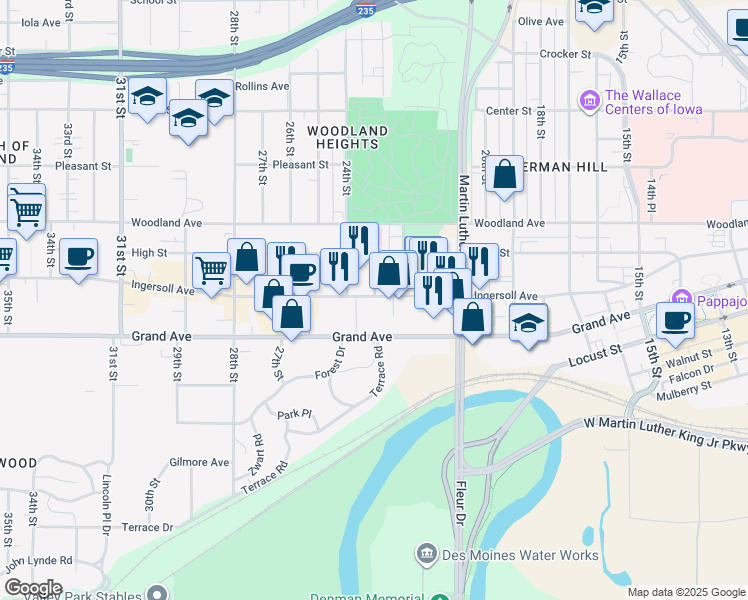 map of restaurants, bars, coffee shops, grocery stores, and more near 2219 Ingersoll Avenue in Des Moines