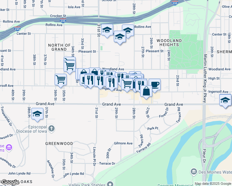 map of restaurants, bars, coffee shops, grocery stores, and more near 2909 Ingersoll Avenue in Des Moines