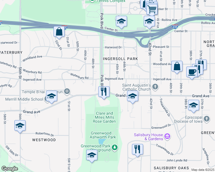 map of restaurants, bars, coffee shops, grocery stores, and more near 533 Polk Boulevard in Des Moines