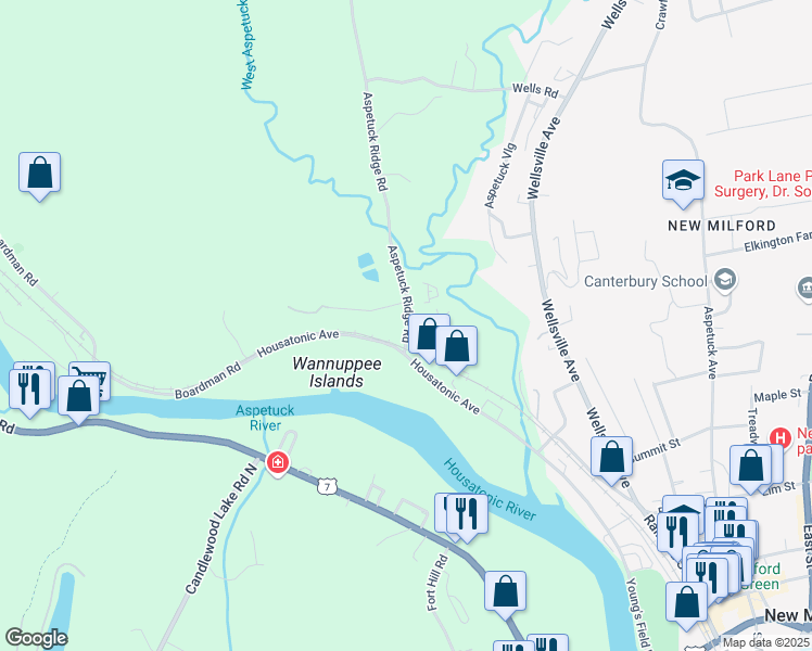 map of restaurants, bars, coffee shops, grocery stores, and more near Aspetuck Ridge Road & Glen Ridge Court in New Milford