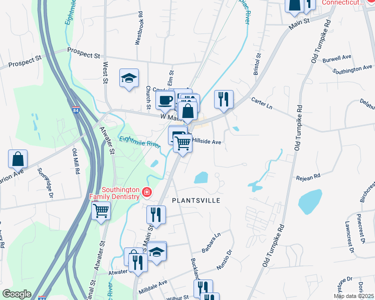 map of restaurants, bars, coffee shops, grocery stores, and more near 799 Main Street in Meriden