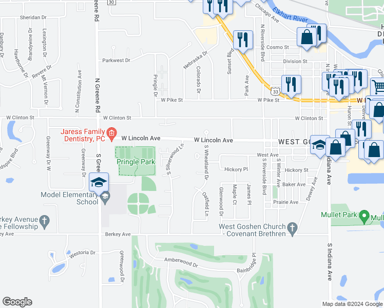 map of restaurants, bars, coffee shops, grocery stores, and more near 1733 Graceland Court in Goshen
