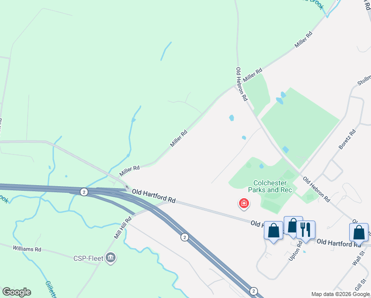 map of restaurants, bars, coffee shops, grocery stores, and more near 56 Miller Road in Colchester