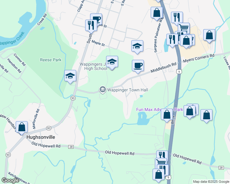 map of restaurants, bars, coffee shops, grocery stores, and more near 26 Middlebush Road in Wappingers Falls