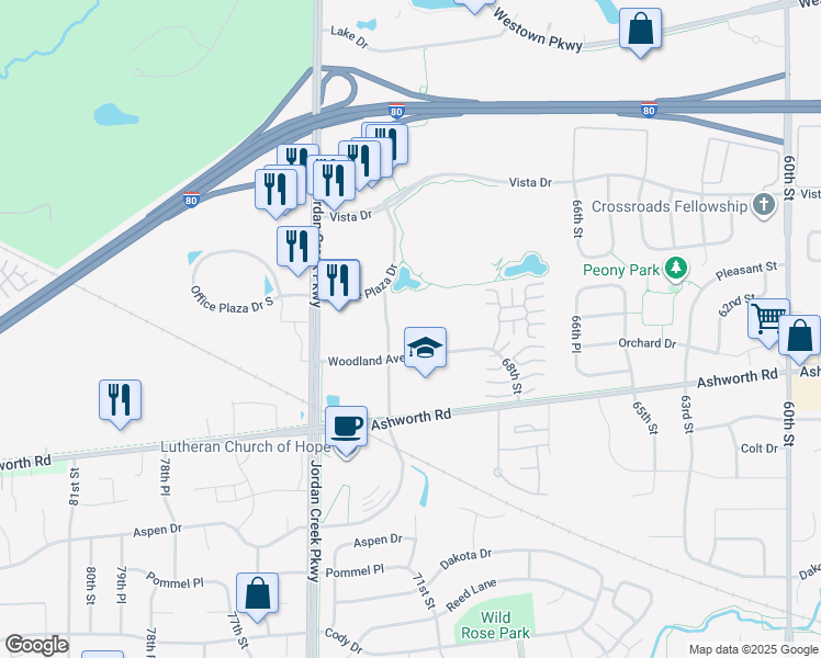 map of restaurants, bars, coffee shops, grocery stores, and more near 7171 Woodland Avenue in West Des Moines