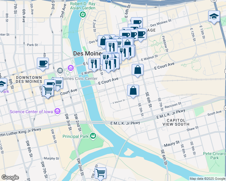map of restaurants, bars, coffee shops, grocery stores, and more near 133 East 2nd Street in Des Moines