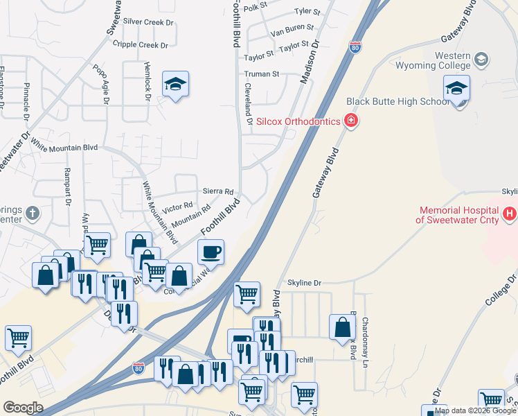 map of restaurants, bars, coffee shops, grocery stores, and more near 3302 Roosevelt Way in Rock Springs