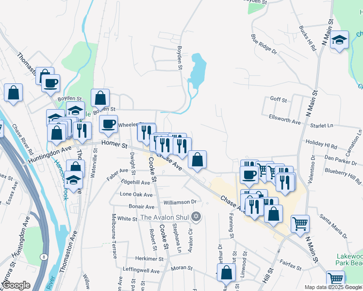 map of restaurants, bars, coffee shops, grocery stores, and more near 418 Perkins Avenue in Waterbury