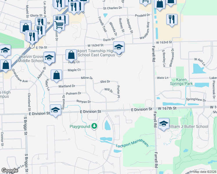 map of restaurants, bars, coffee shops, grocery stores, and more near 1239 Illini Drive in Lockport