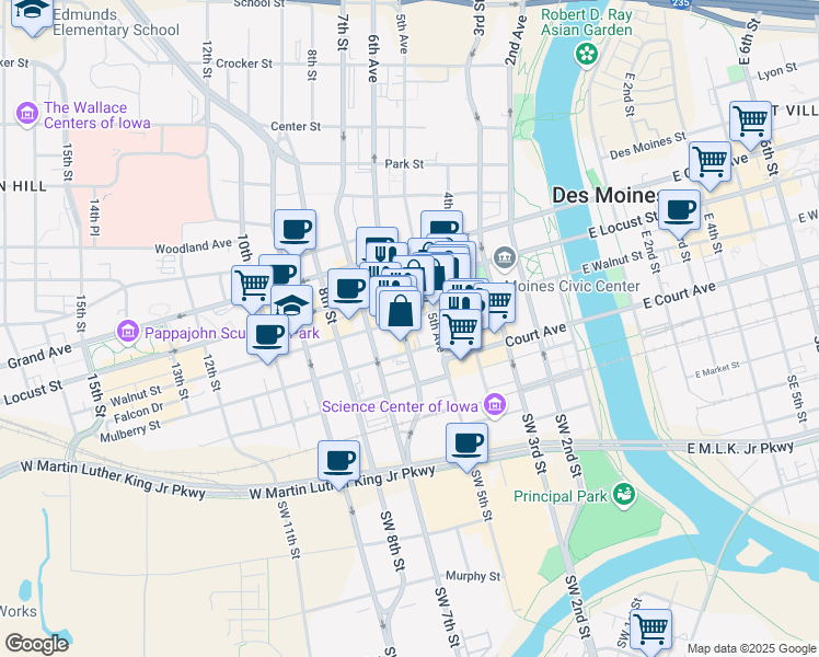 map of restaurants, bars, coffee shops, grocery stores, and more near 516 Walnut Street in Des Moines