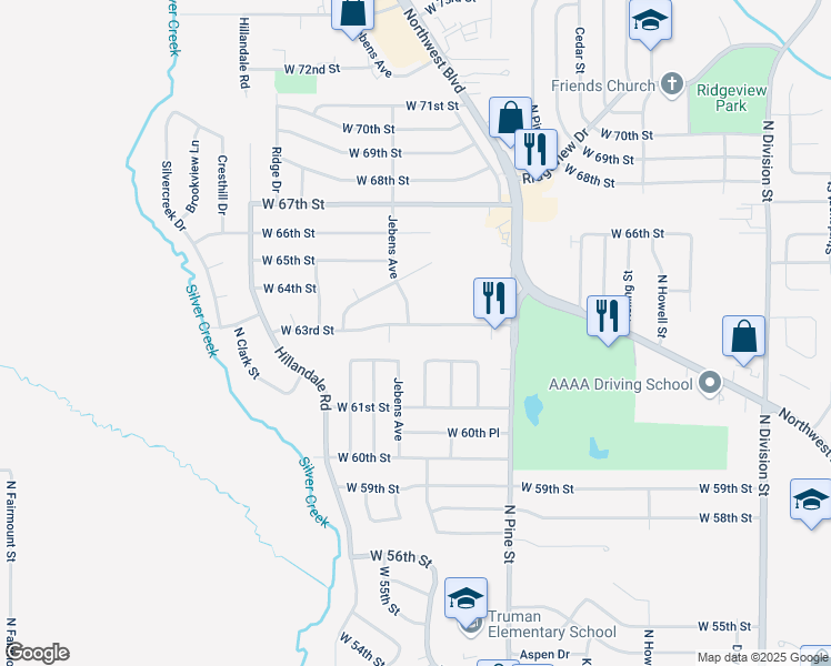 map of restaurants, bars, coffee shops, grocery stores, and more near 2711 West 63rd Street in Davenport