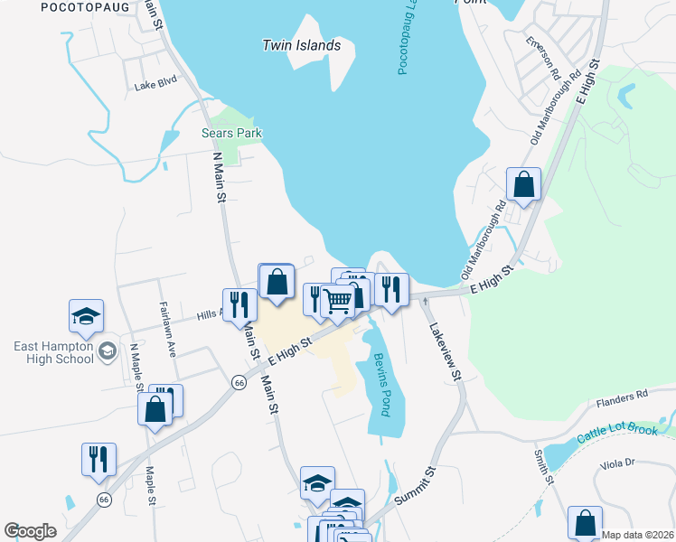 map of restaurants, bars, coffee shops, grocery stores, and more near 2 Mallard Cove Road in East Hampton