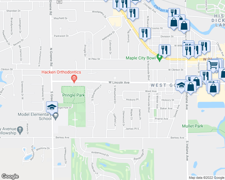 map of restaurants, bars, coffee shops, grocery stores, and more near 107 South Wheatland Drive in Goshen