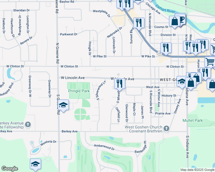 map of restaurants, bars, coffee shops, grocery stores, and more near 1738 West Lincoln Avenue in Goshen