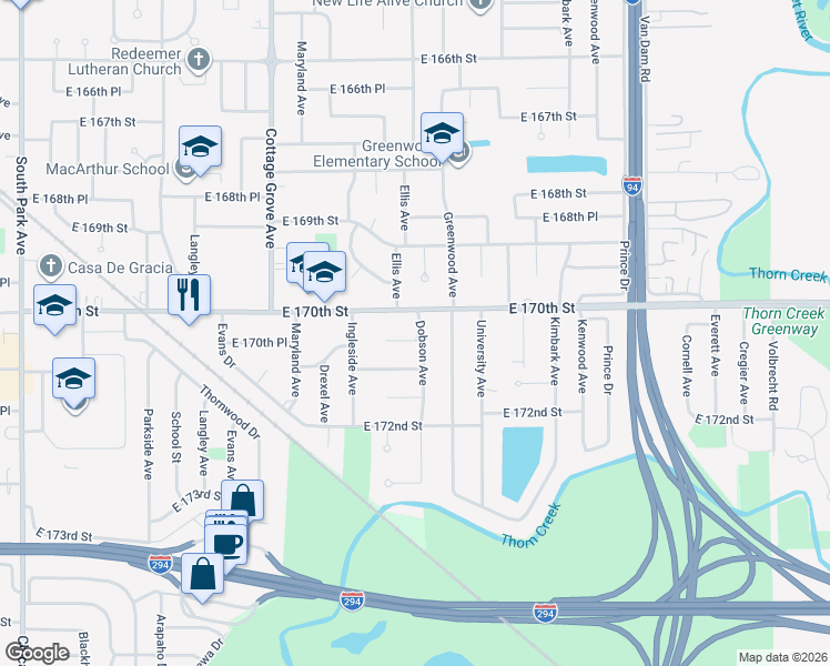 map of restaurants, bars, coffee shops, grocery stores, and more near 1013 East 170th Street in South Holland