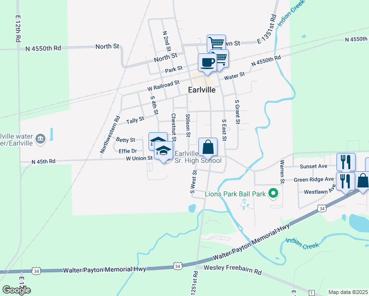 map of restaurants, bars, coffee shops, grocery stores, and more near 505 Stilson Street in Earlville