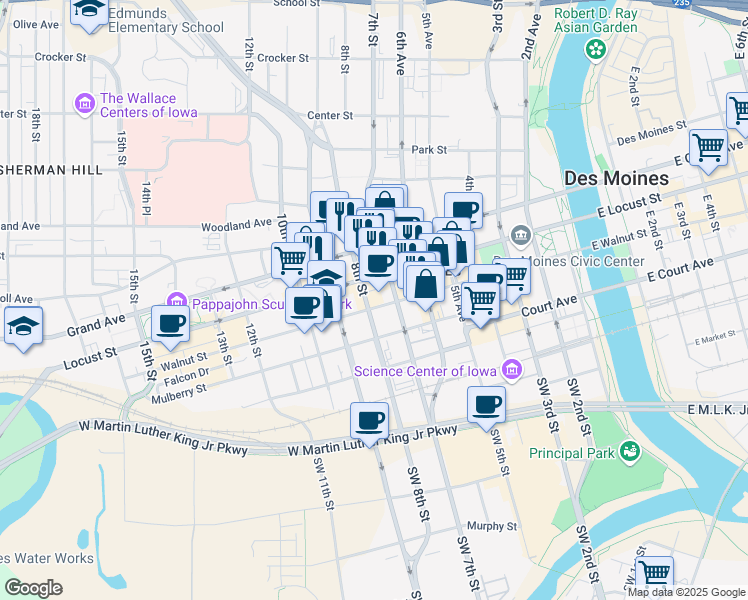 map of restaurants, bars, coffee shops, grocery stores, and more near 317 8th Street in Des Moines