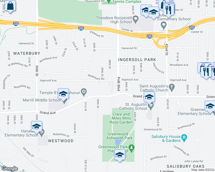 map of restaurants, bars, coffee shops, grocery stores, and more near 4730 Ingersoll Avenue in Des Moines