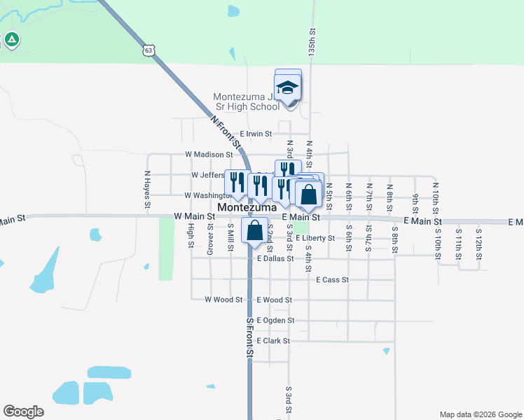 map of restaurants, bars, coffee shops, grocery stores, and more near 199 North 2nd Street in Montezuma