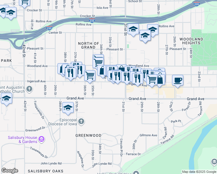 map of restaurants, bars, coffee shops, grocery stores, and more near 3228 Ingersoll Avenue in Des Moines