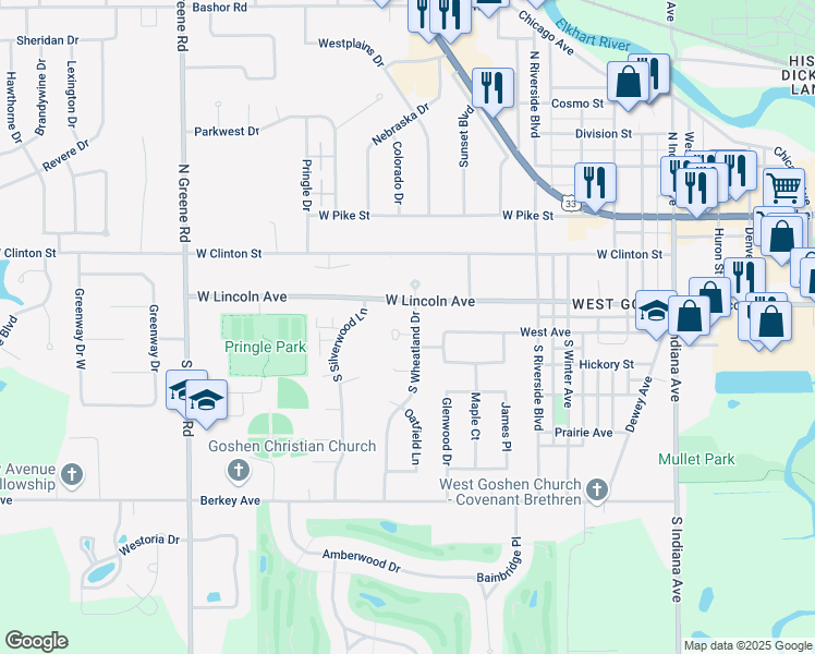 map of restaurants, bars, coffee shops, grocery stores, and more near 1721 Graceland Court in Goshen
