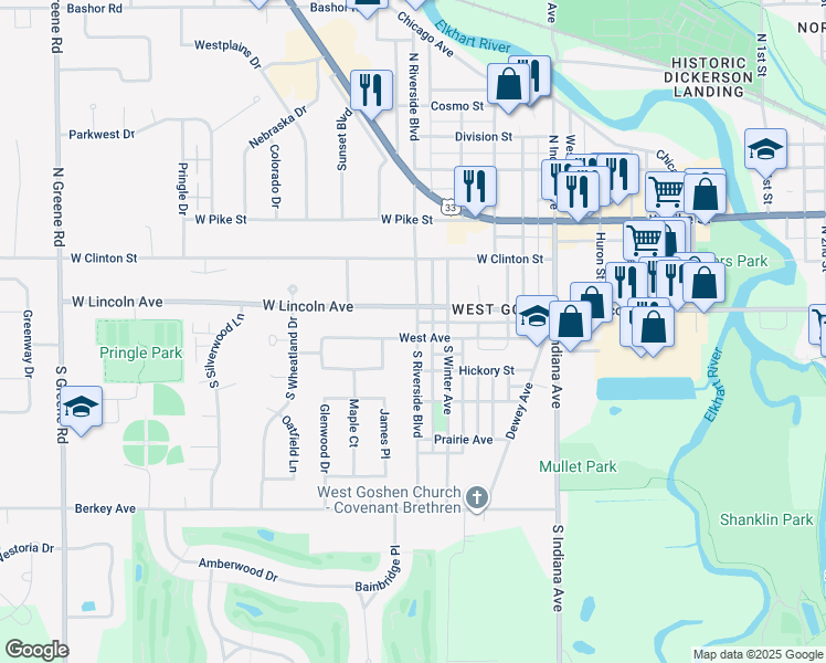 map of restaurants, bars, coffee shops, grocery stores, and more near 103 South Riverside Boulevard in Goshen