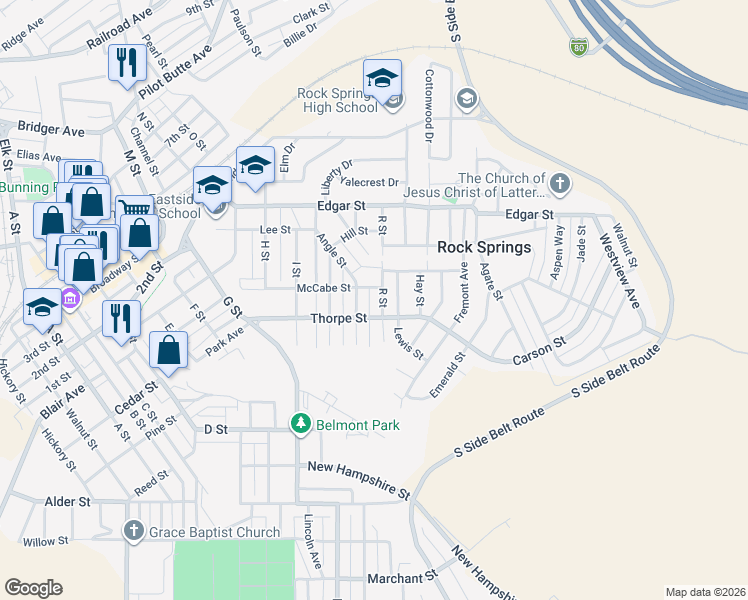 map of restaurants, bars, coffee shops, grocery stores, and more near 1314 McCabe Street in Rock Springs