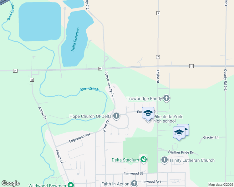 map of restaurants, bars, coffee shops, grocery stores, and more near 7810 Fulton County 7-2 in Delta