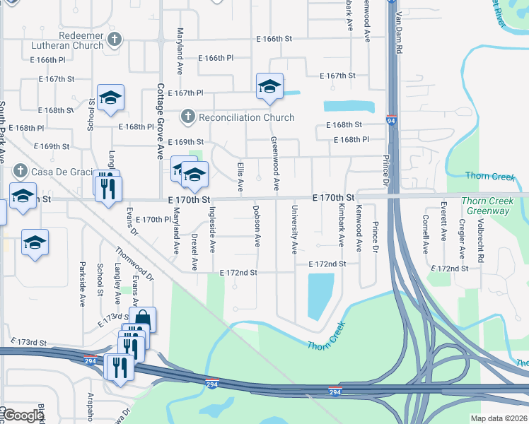 map of restaurants, bars, coffee shops, grocery stores, and more near 17006 Greenwood Avenue in South Holland