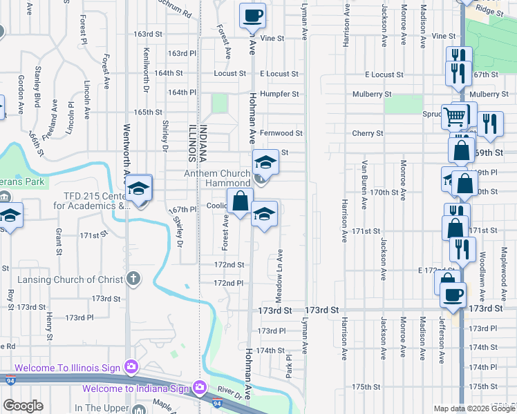 map of restaurants, bars, coffee shops, grocery stores, and more near 7014 Hohman Avenue in Hammond